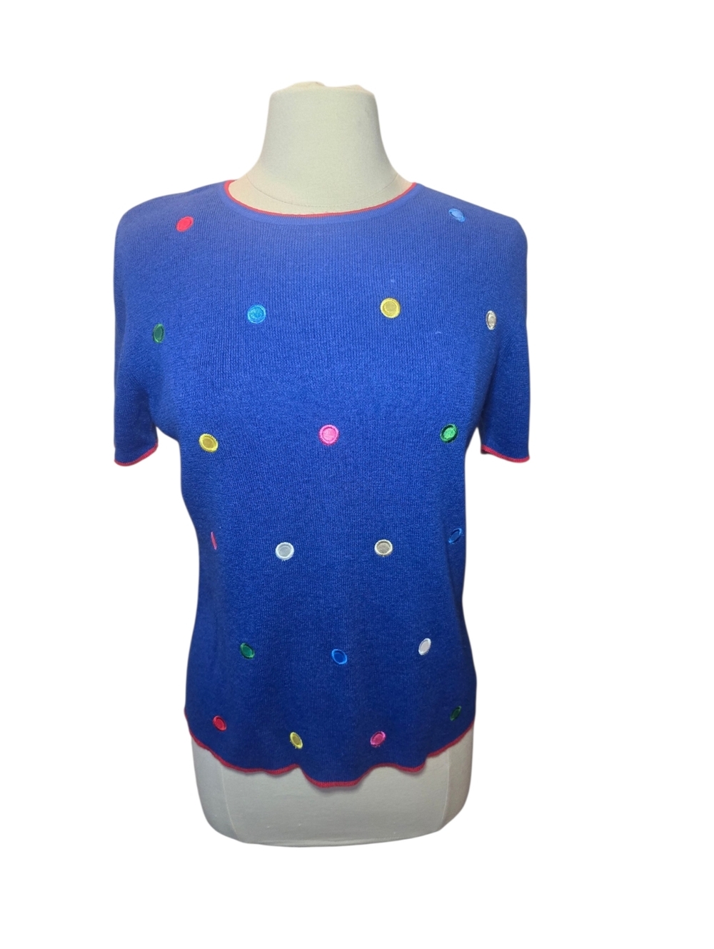 Vintage Sag Harbor Blue Embroidered Circles Short Sleeve Sweater Top Size Medium